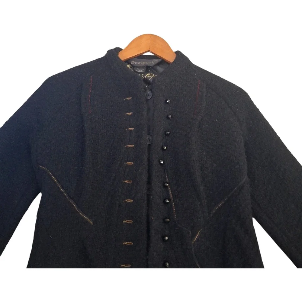 Desigual Black Boucle Wool Blend Floral Pleated Skirt Coat Jacket Womens 36